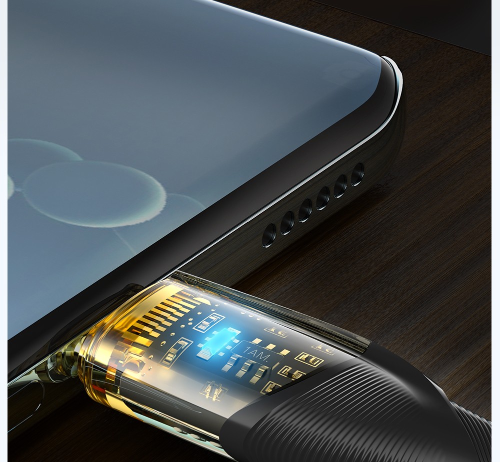 ESSAGER 100W 7A USB-A to Type-C Charging Cable, with Transparent Technology, LED Light, for Samsung, Oppo, Vivo - Black