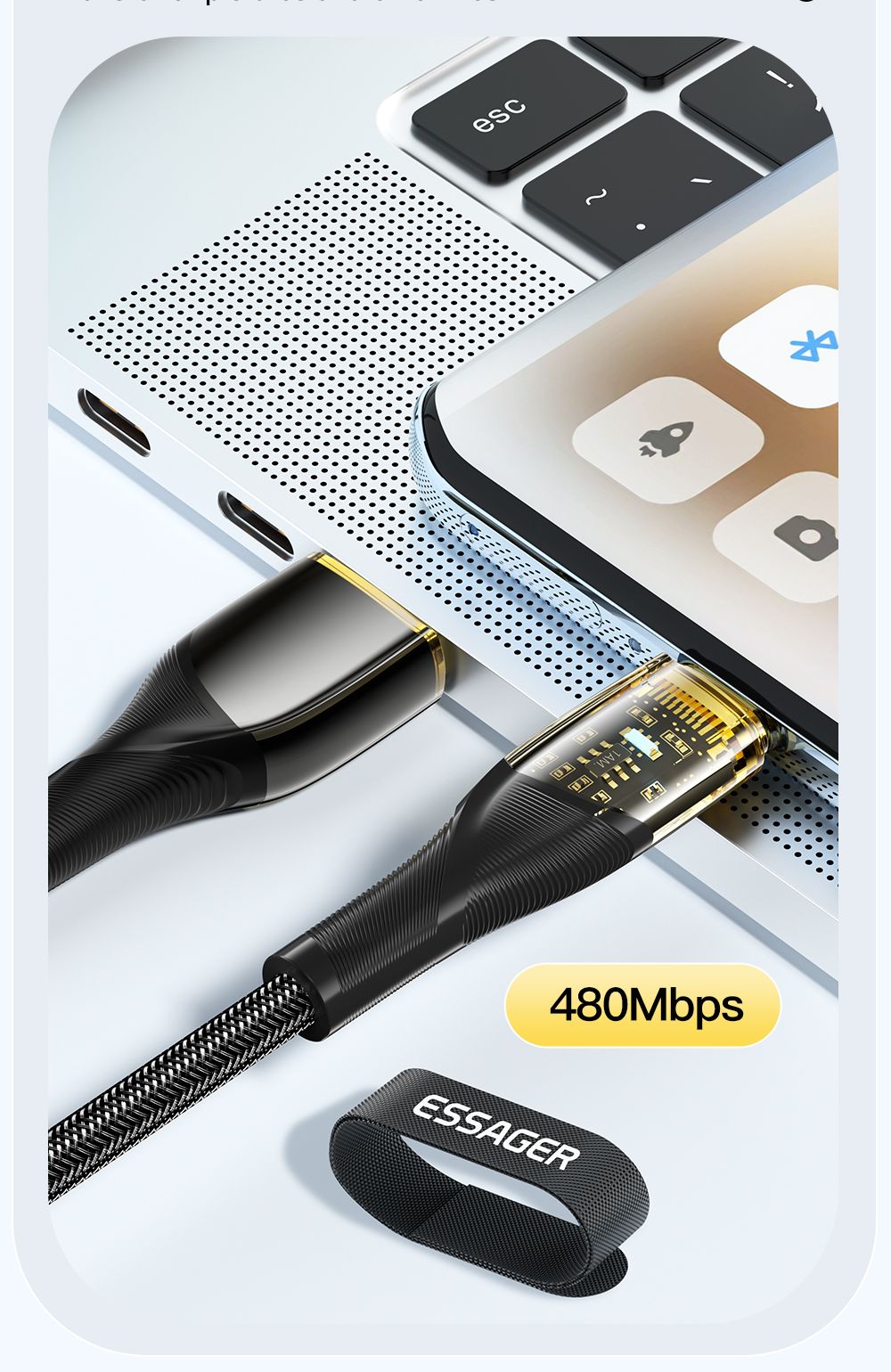 ESSAGER 100W 7A USB-A to Type-C Charging Cable, with Transparent Technology, LED Light, for Samsung, Oppo, Vivo - Black