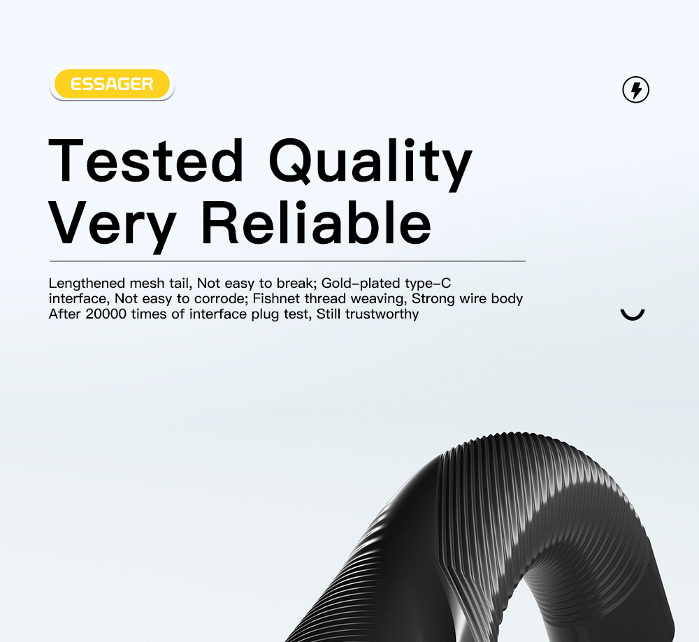 ESSAGER 100W 7A USB-A to Type-C Charging Cable, with Transparent Technology, LED Light, for Samsung, Oppo, Vivo - Black