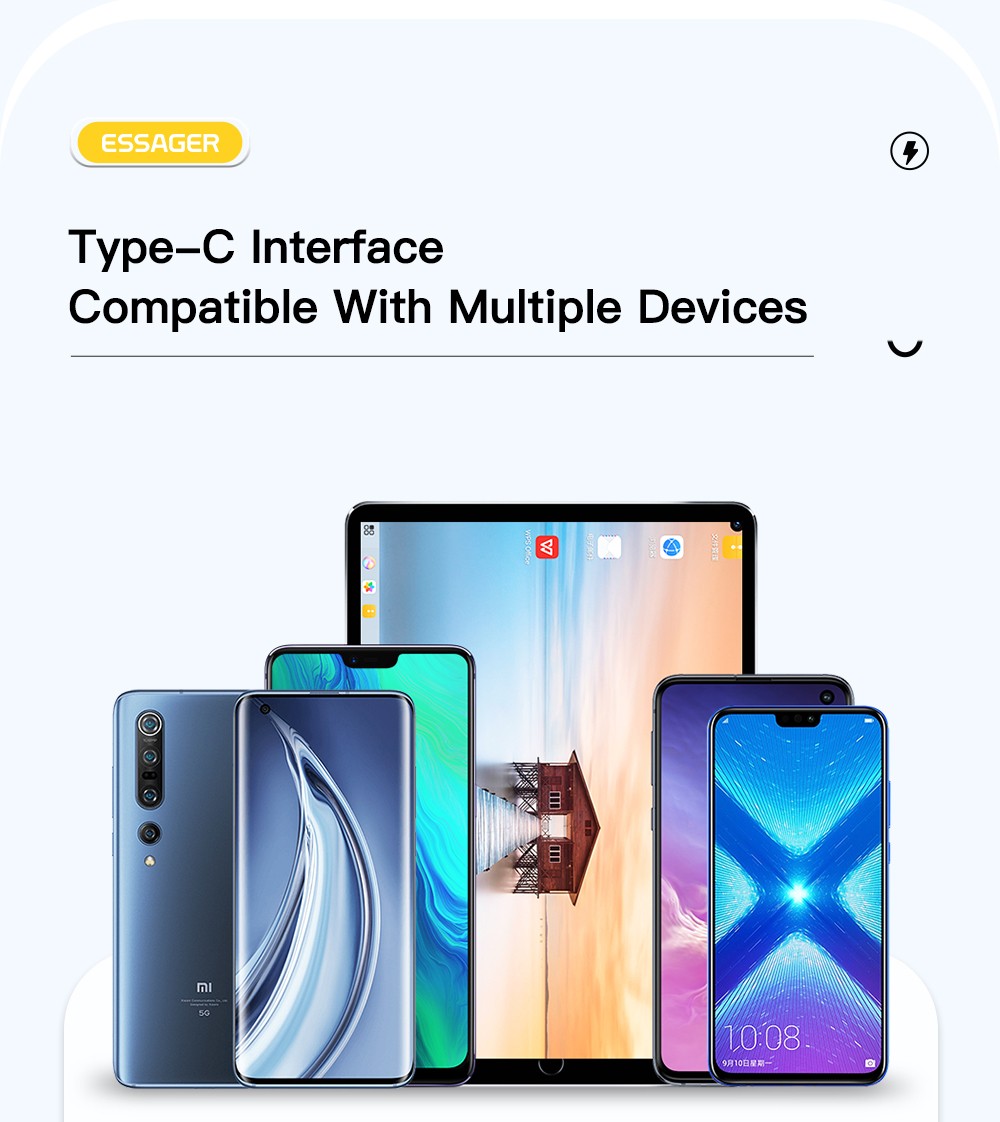 ESSAGER 100W 7A USB-A to Type-C Charging Cable, with Transparent Technology, LED Light, for Samsung, Oppo, Vivo - Black