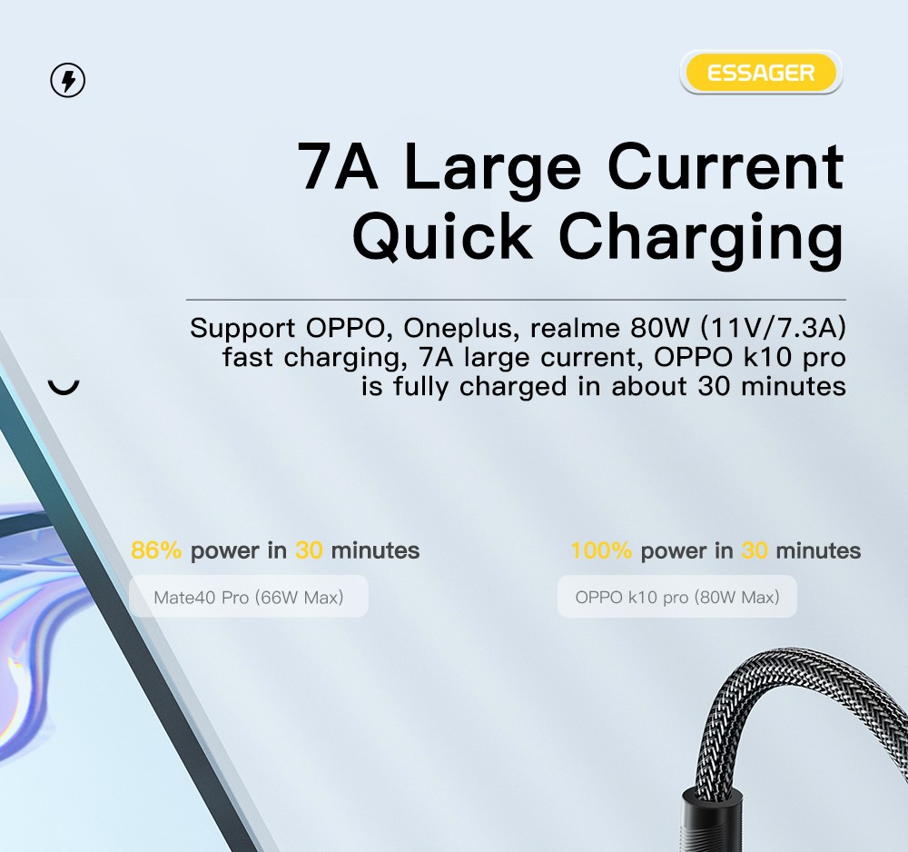 ESSAGER 100W 7A USB-A to Type-C Charging Cable, with Transparent Technology, LED Light, for Samsung, Oppo, Vivo - Black