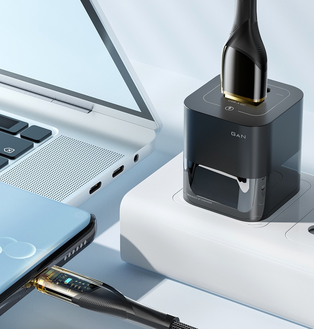 ESSAGER 100W 7A USB-A to Type-C Charging Cable, with Transparent Technology, LED Light, for Samsung, Oppo, Vivo - Black