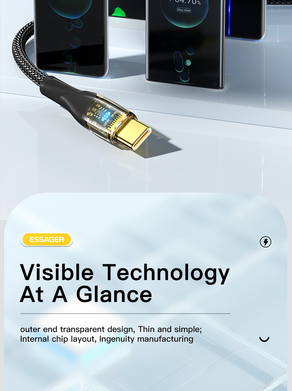 ESSAGER 100W 7A USB-A to Type-C Charging Cable, with Transparent Technology, LED Light, for Samsung, Oppo, Vivo - Black