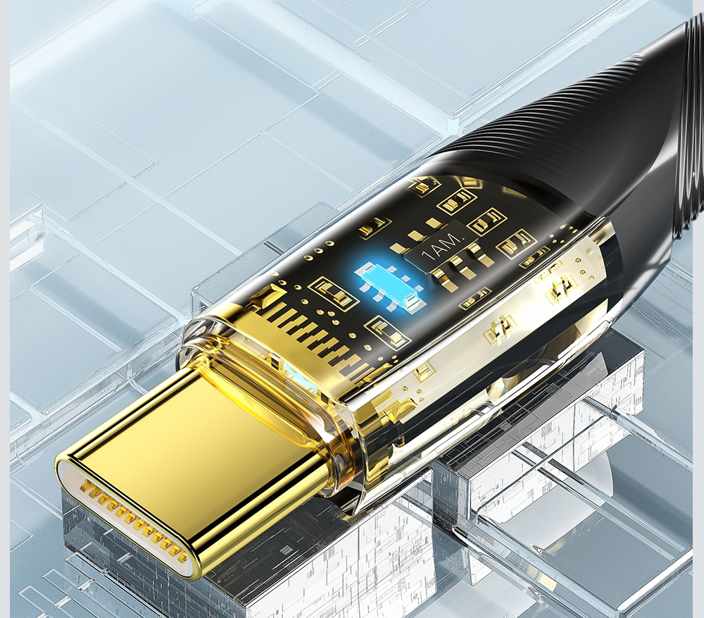 ESSAGER 100W 7A USB-A to Type-C Charging Cable, with Transparent Technology, LED Light, for Samsung, Oppo, Vivo - Black
