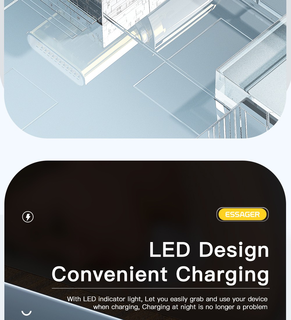 ESSAGER 100W 7A USB-A to Type-C Charging Cable, with Transparent Technology, LED Light, for Samsung, Oppo, Vivo - Black