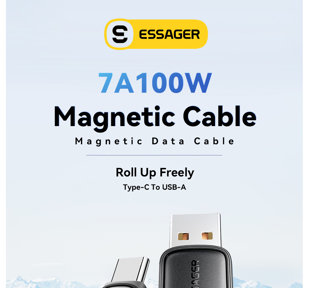ESSAGER 100W 7A USB-A to USB-C Charging Cable, USB2.0 480Mbps, Magnetic Adsorption, High Density Weaving, Smart Chip