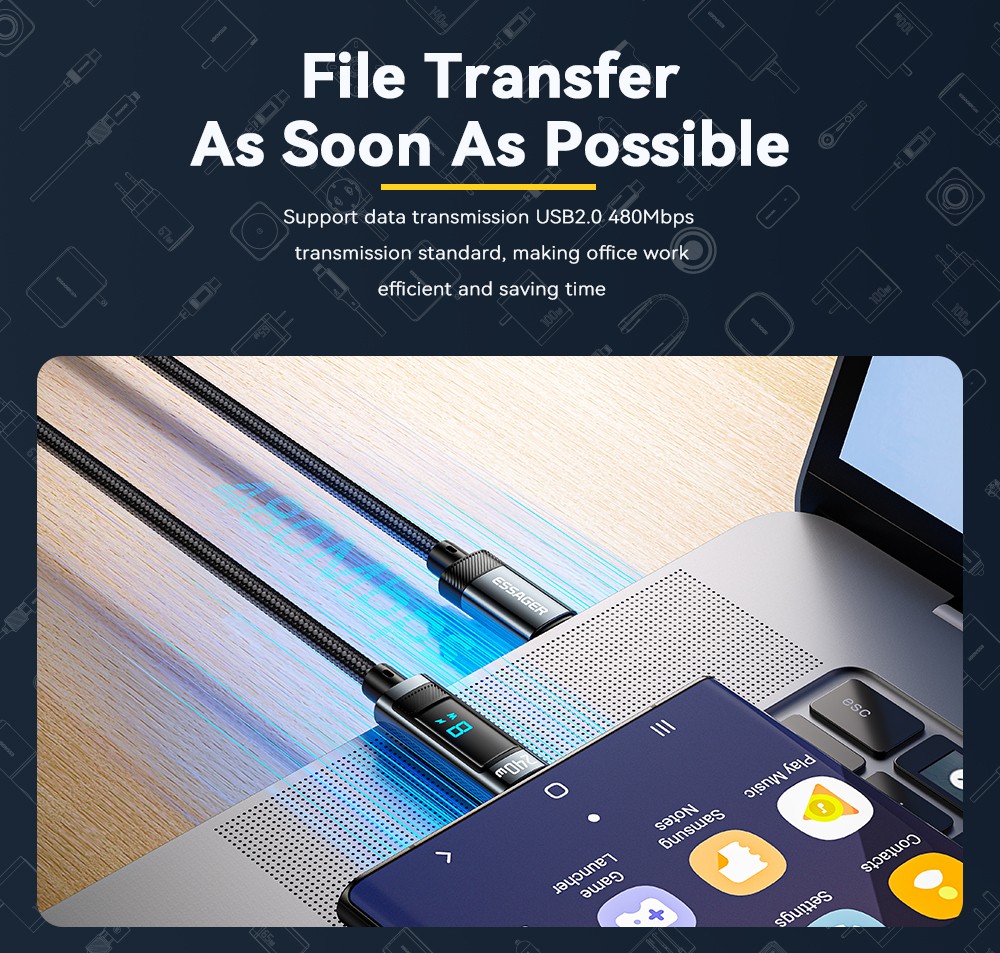 ESSAGER 240W 5A Type C to Type C Charging Cable, USB2.0 480Mbps, Digital Display, Support PD3.1 - 2m