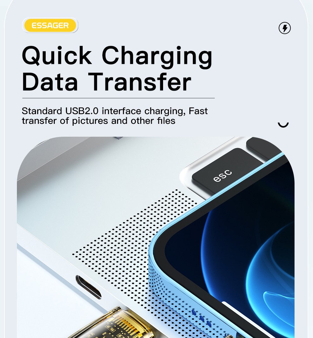 ESSAGER PD 30W Type C to Lightning Charging Cable with LED Light, Transparent Design, USB2.0 480Mbps, Fishnet Thread Weaving, 1m - Black