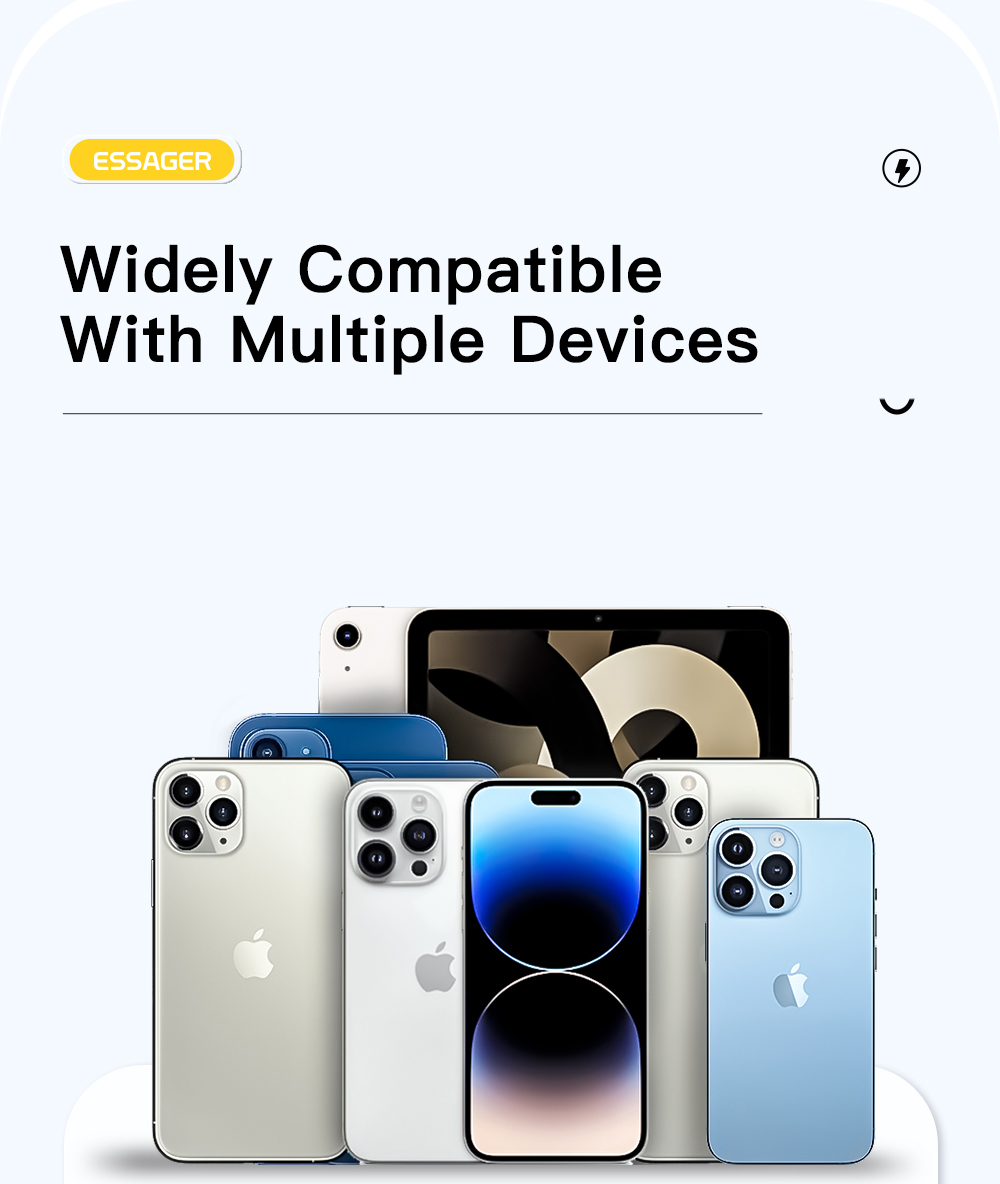 ESSAGER PD 30W Type C to Lightning Charging Cable with LED Light, Transparent Design, USB2.0 480Mbps, Fishnet Thread Weaving, 1m - Black