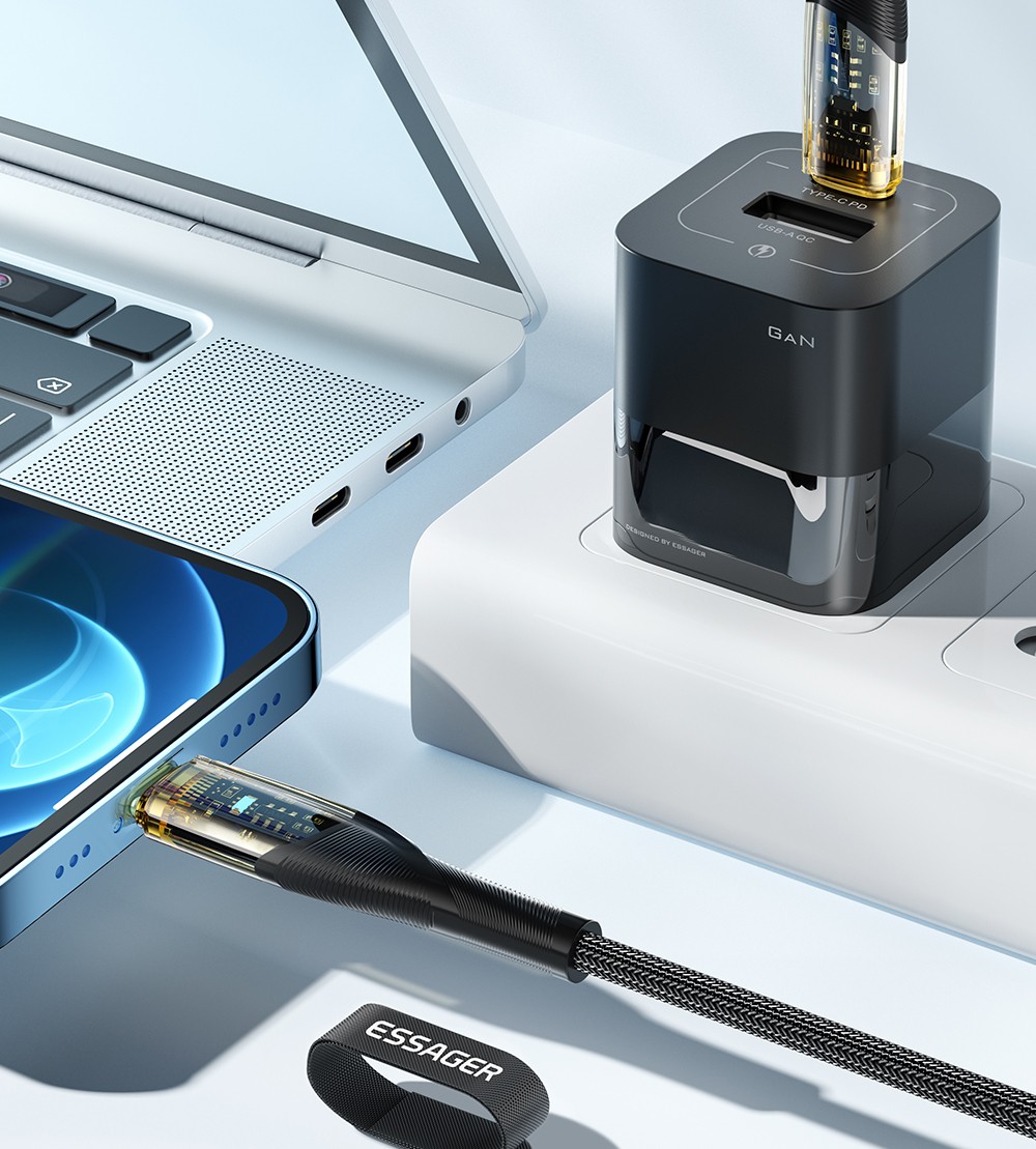 ESSAGER PD 30W Type C to Lightning Charging Cable with LED Light, Transparent Design, USB2.0 480Mbps, Fishnet Thread Weaving, 1m - Black