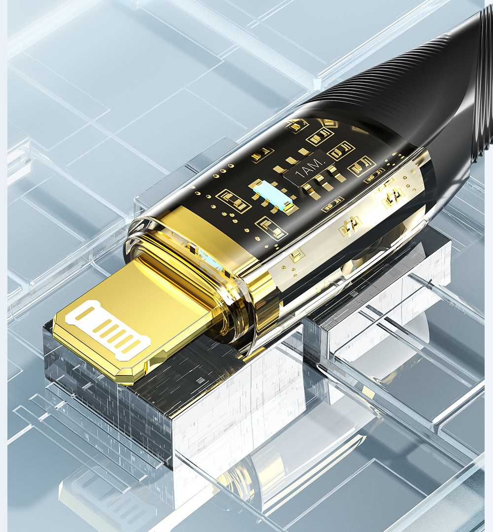 ESSAGER PD 30W Type C to Lightning Charging Cable with LED Light, Transparent Design, USB2.0 480Mbps, Fishnet Thread Weaving, 1m - Black