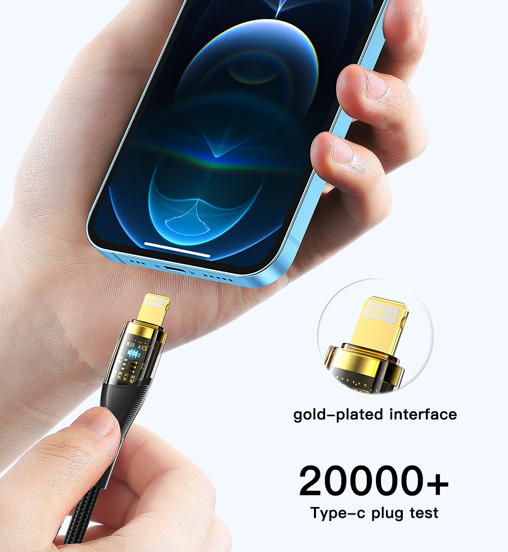 ESSAGER PD 30W Type C to Lightning Charging Cable with LED Light, Transparent Design, USB2.0 480Mbps, Fishnet Thread Weaving, 1m - Blue