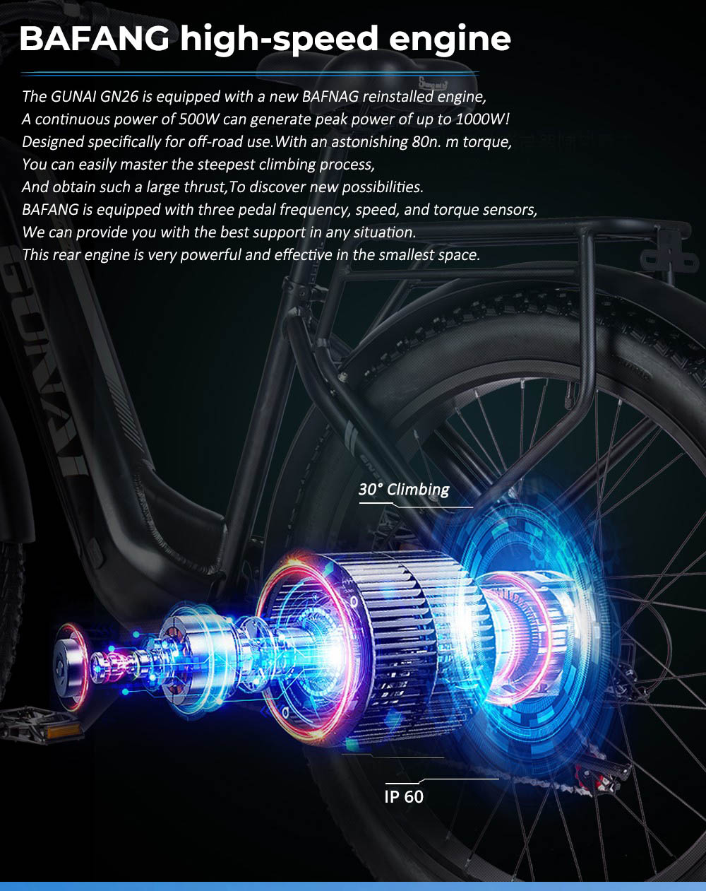 Elektrobicykel GUNAI GN26, 500W motor Bafang, 48V 17,5Ah batéria, 26*3.0-palcové pneumatiky, maximálna rýchlosť 42 km, 7-stupňová prevodovka Shimano
