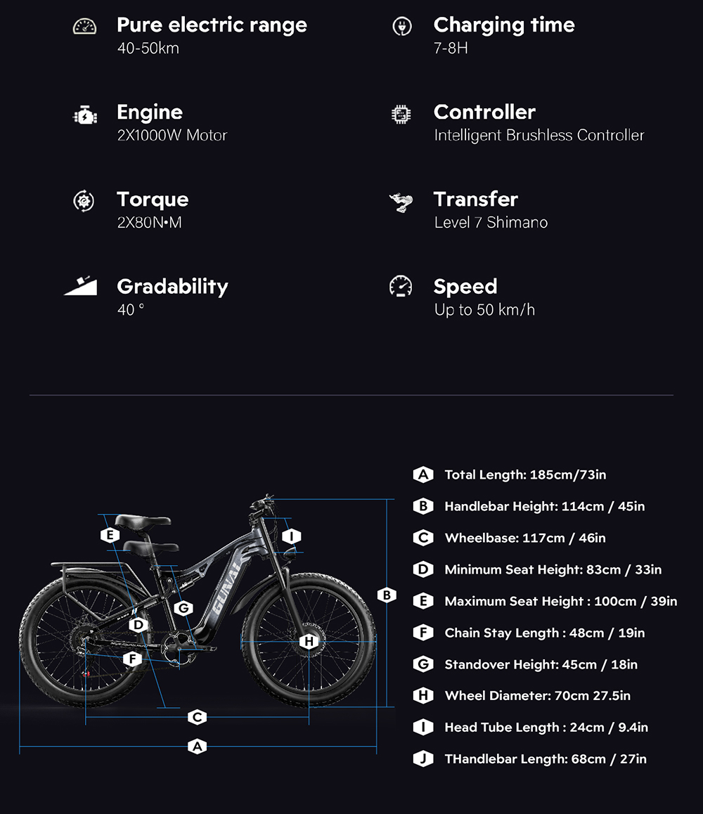 GUNAI GN68 Electric Bike, 2*1000 Motor, 48V 17.5Ah Battery, 26*3.0-inch Fat Tires, 50km/h Max Speed, 80km Max Range, Shimano 7 Speed, Mechanical Disc Brake