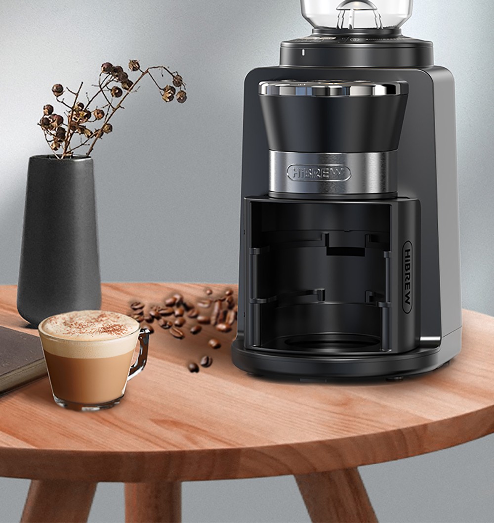Mlynček na kávu HiBREW G3A, 40 mm kónické mlynčeky, vzduchový dúchadlo, 31-stupňová stupnica, pamäťová & antistatická funkcia, manuálny & automatický, vizuálne ukladanie zrniek béžovej farby