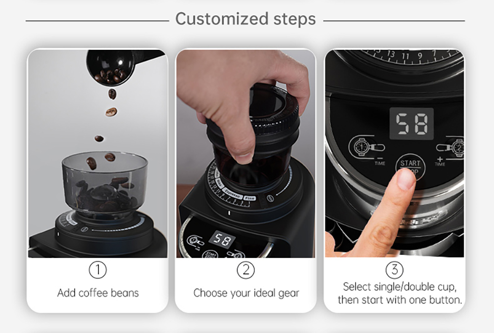 Mlynček na kávu HiBREW G3A, 40 mm kónické mlynčeky, vzduchový dúchadlo, 31-stupňová stupnica, pamäťová & antistatická funkcia, manuálny & automatický, vizuálne ukladanie kávových zŕn čierny