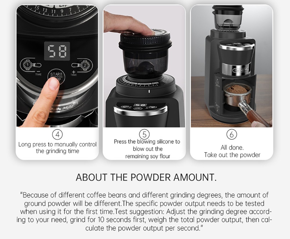 Mlynček na kávu HiBREW G3A, 40 mm kónické mlynčeky, vzduchový dúchadlo, 31-stupňová stupnica, pamäťová & antistatická funkcia, manuálny & automatický, vizuálne skladovanie kávových zŕn čierny