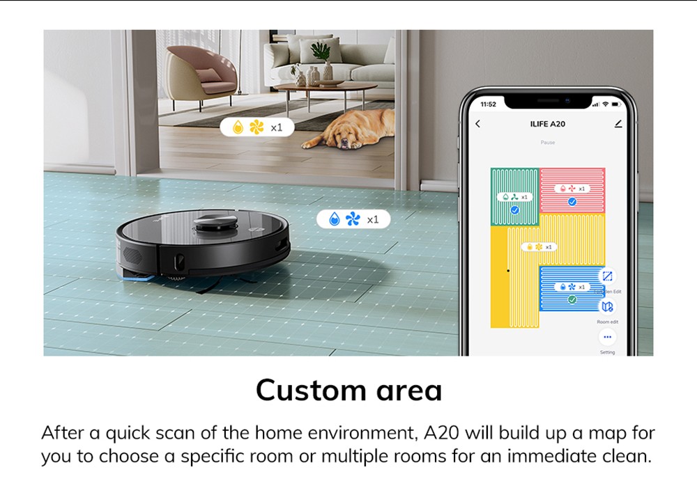 ILIFE A20 Robotický vysávač, navigácia LiDAR, sací tlak 3000Pa, vysávač a mop 2 v 1, 120 min. prevádzky, ovládanie cez APP, hlasová asistencia - čierny