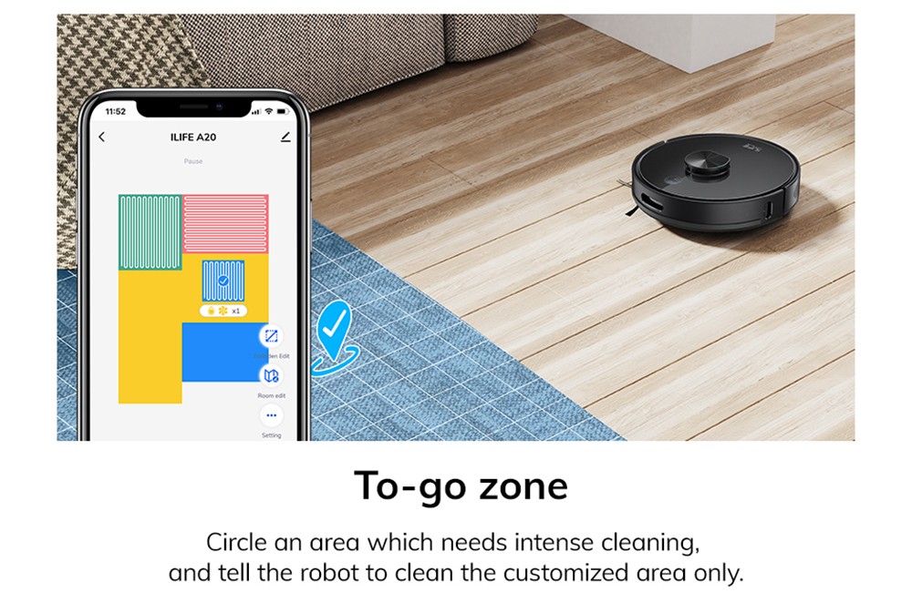 ILIFE A20 Robotický vysávač, navigácia LiDAR, sací tlak 3000Pa, vysávač a mop 2 v 1, 120 min. prevádzky, ovládanie cez APP, hlasová asistencia - čierny