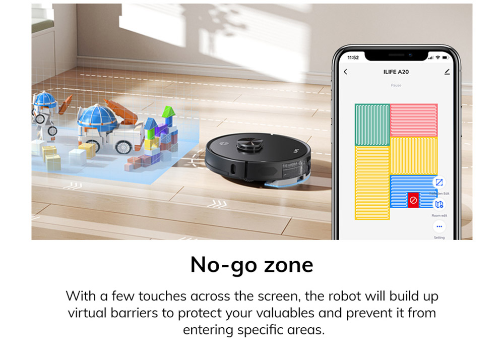 ILIFE A20 Robotický vysávač, navigácia LiDAR, sací tlak 3000Pa, vysávač a mop 2 v 1, 120 min. prevádzky, ovládanie cez APP, hlasová asistencia - čierny