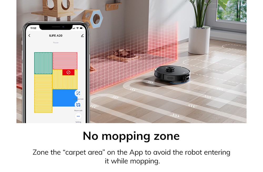 ILIFE A20 Robotický vysávač, navigácia LiDAR, sací tlak 3000Pa, vysávač a mop 2 v 1, 120 min. prevádzky, ovládanie cez APP, hlasová asistencia - čierny