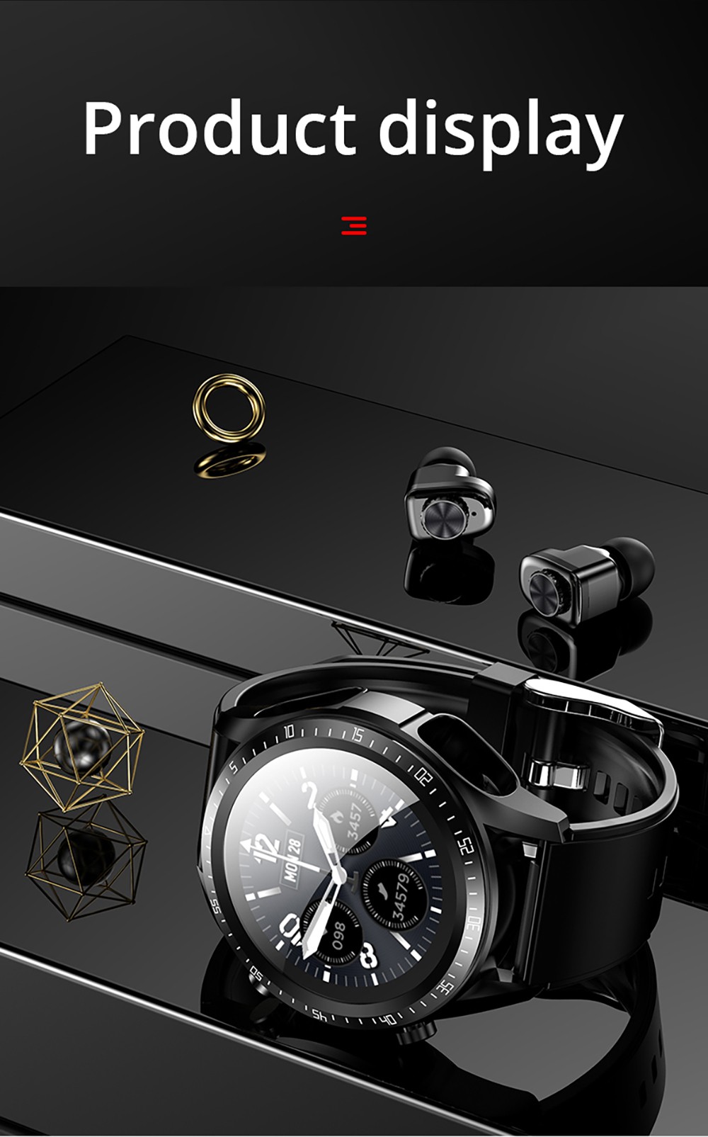 JM03 2-in-1 Smartwatch with Earbuds, Bluetooth Phone Call Blood Oxygen Heart Rate Monitoring Waterproof Sport Watch - Silicone Strap