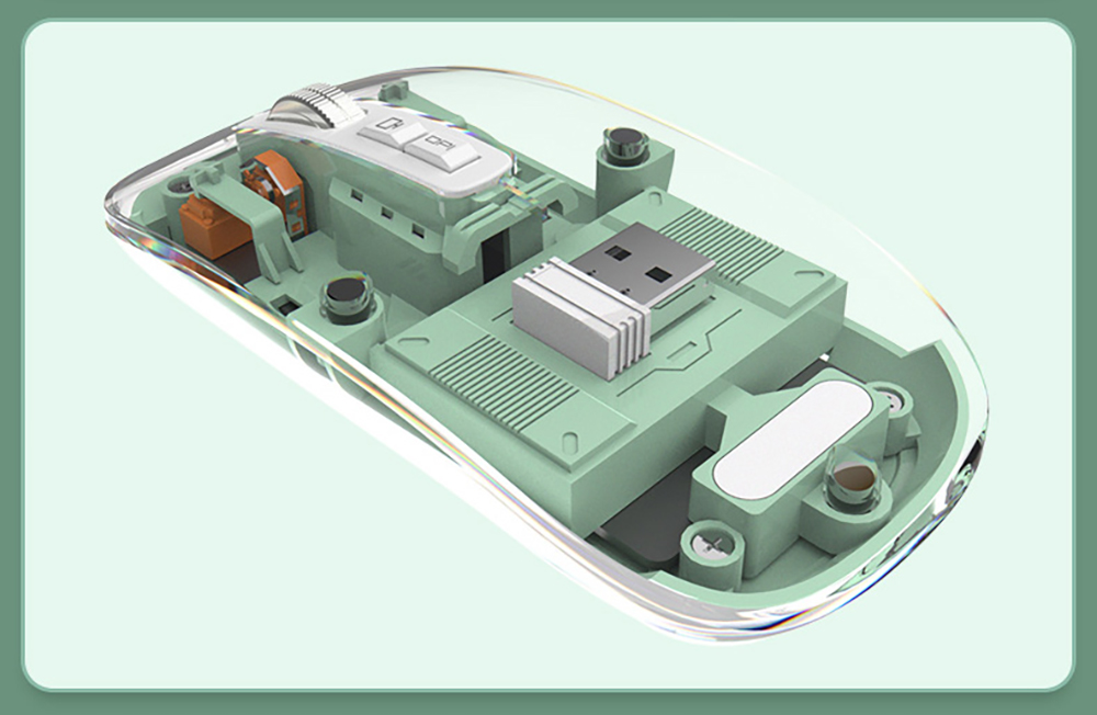 M033 Transparent Wireless Mouse, 3 Connection Modes, 800/1200/1600 DPI, Mute Axis, Colorful Breathing Light Effect - Green