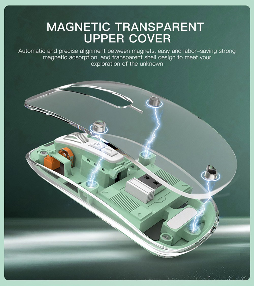 M033 Transparent Wireless Mouse, 3 Connection Modes, 800/1200/1600 DPI, Mute Axis, Colorful Breathing Light Effect - Green