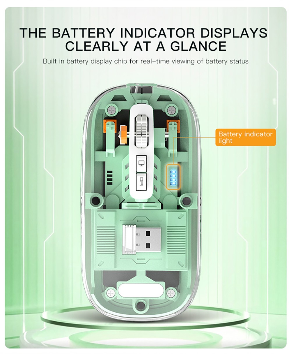M033 Transparent Wireless Mouse, 3 Connection Modes, 800/1200/1600 DPI, Mute Axis, Colorful Breathing Light Effect - Green