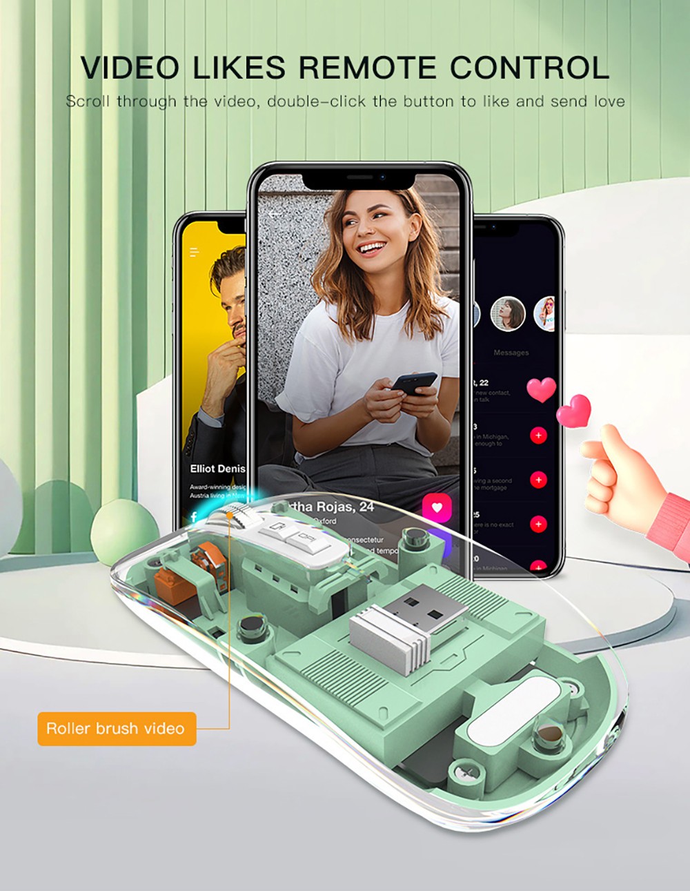 M033 Transparent Wireless Mouse, 3 Connection Modes, 800/1200/1600 DPI, Mute Axis, Colorful Breathing Light Effect - Orange