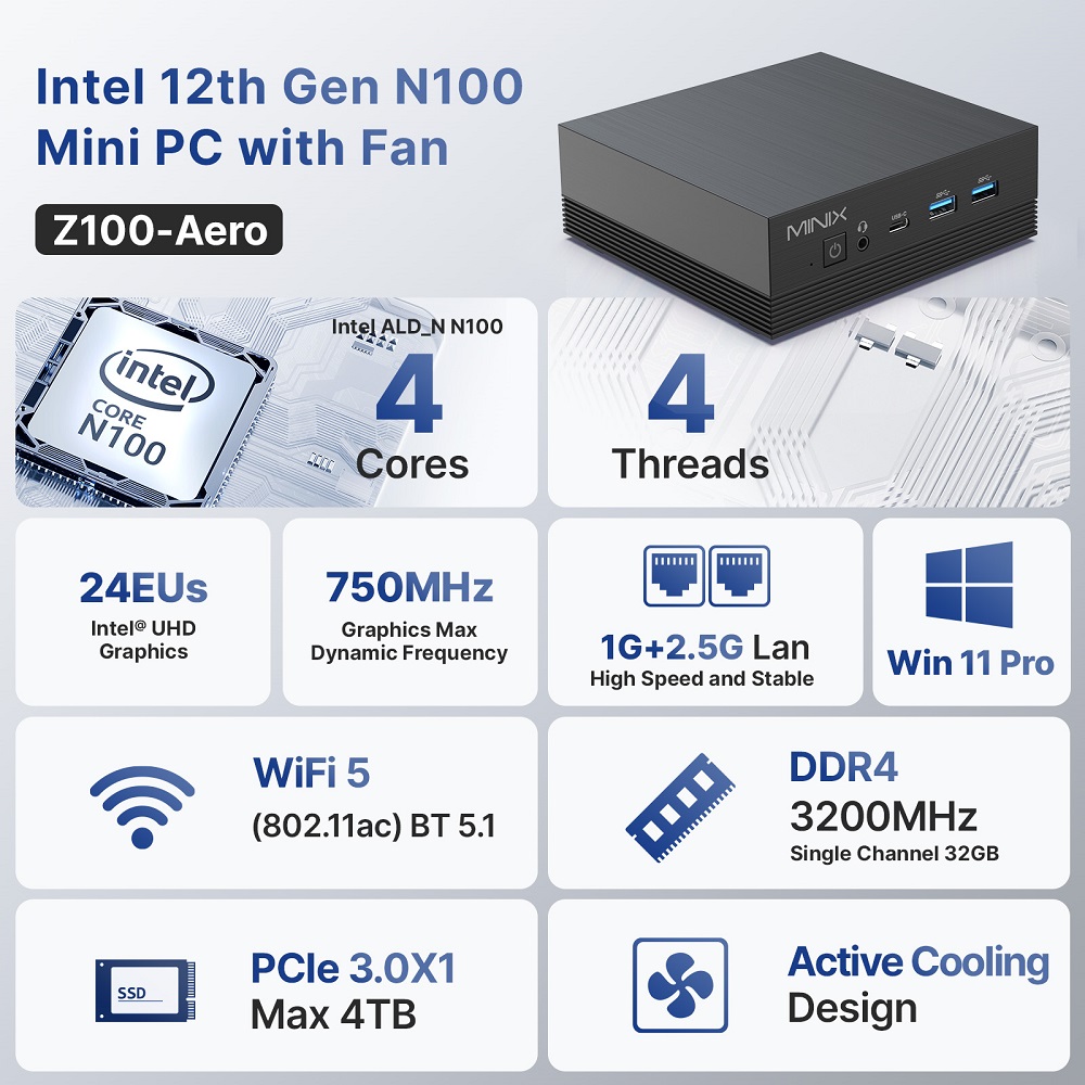 MINIX Z100-Aero Mini PC, Intel Alder Lake-N100 4 Cores Up to 3.4GHz, 16GB RAM 512GB SSD, WiFi 5 Bluetooth 5.1, 1*DP+1*HDMI 2.1+1*Type-C 4K@60Hz Triple Display, 2*RJ45, 1G+2.5G Dual Ethernet, 4*USB 3.2, 1*Audio - EU Plug