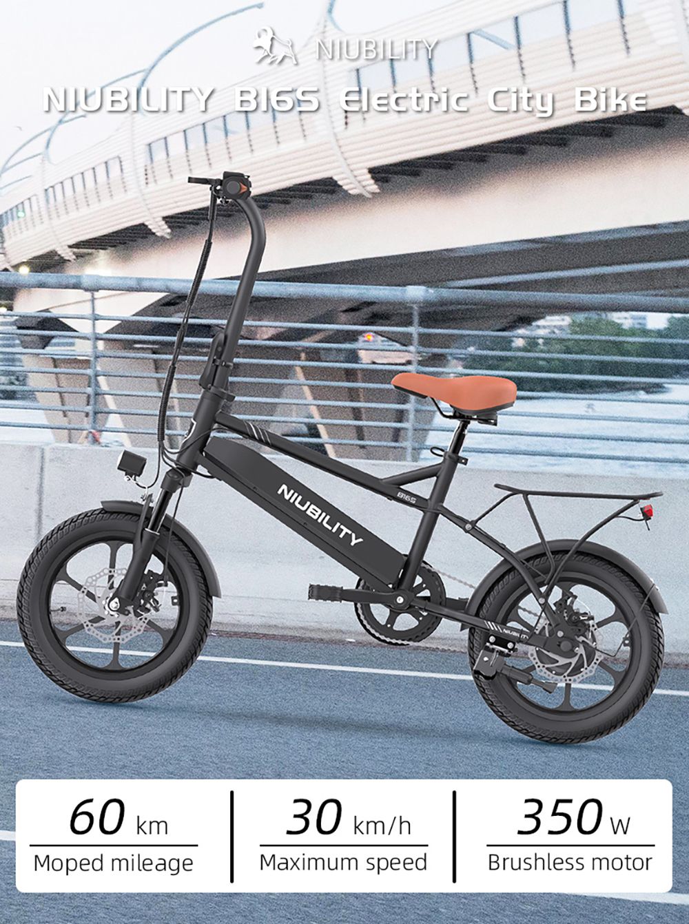 Elektrický bicykel Niubility B16S, 350W motor, 36V 14.5AH batéria, 16*2.125 palcov, maximálna rýchlosť 30 km/h, dojazd 60 km, predné a zadné kotúčové brzdy, LCD displej
