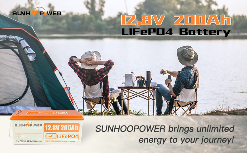 SUNHOOPOWER 12V 200Ah LiFePO4 batéria, energia 2560Wh, vstavaná 100A BMS, max. 1280W výkonu pri zaťažení, max. 100A Charge/Discharge, IP68 Waterproof