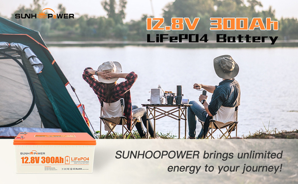 SUNHOOPOWER 12V 300Ah LiFePO4 batéria, energia 3840Wh, vstavaná 200A BMS, max. 2560W výkonu pri zaťažení, max. 200A Charge/Discharge, IP68 Waterproof