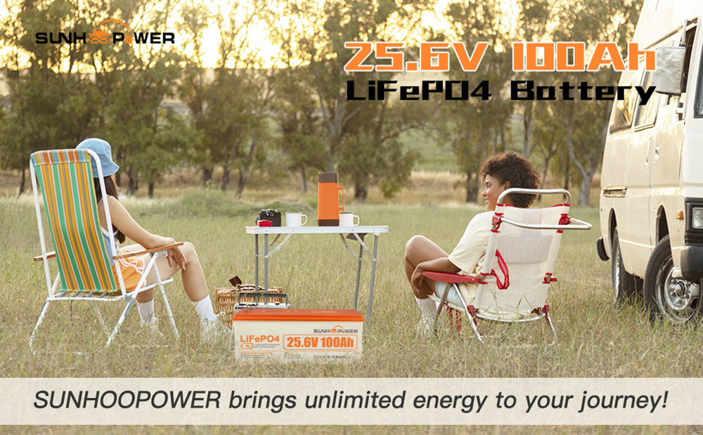 SUNHOOPOWER 24V 100Ah LiFePO4 batéria, energia 2560Wh, vstavaná 100A BMS, max. 2560W výkon pri zaťažení, max. 100A Charge/Discharge, IP68 Waterproof