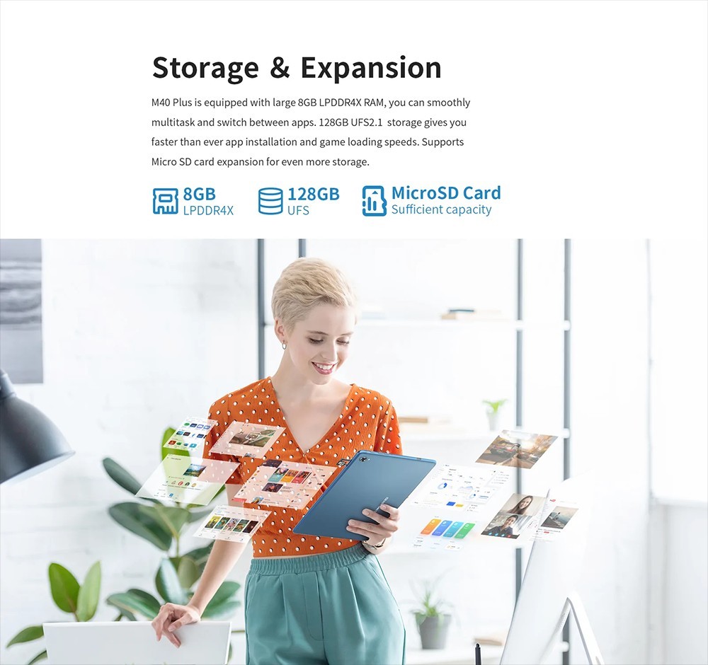 Teclast M40 Plus Tablet, 10.1'' 1920*1200 IPS Screen, MediaTek MT8183 CPU, Android 12, 8GB RAM 128GB ROM, 8MP+5MP Camera, 7000mAh Battery - Blue, EU Plug