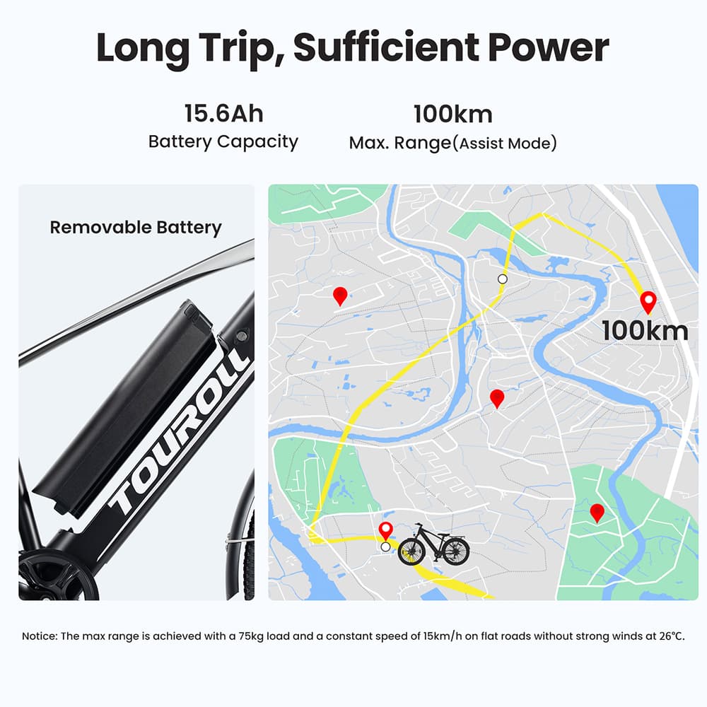 Trekingový bicykel Touroll J1 s 250W motorom, 27,5 palcové kolesá, 561.6Wh batéria, dojazd 100 km, mechanické kotúčové brzdy & E-Brake (čierna)