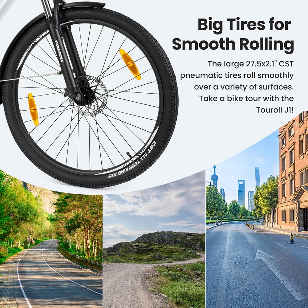 Trekingový bicykel Touroll J1 s 250W motorom, 27,5 palcové kolesá, 561.6Wh batéria, dojazd 100 km, mechanické kotúčové brzdy & E-Brake (čierna)