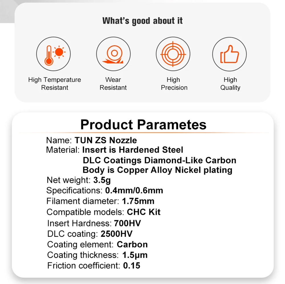 Trianglelab TUN ZS 3D Printing Nozzle, Hardening Steel DLC Coating, Compatible with CHC Kit - 0.6mm