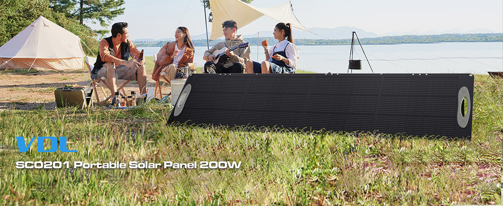 VDL POWER 200W skladací prenosný solárny panel, 20V monokryštalický článok, nastaviteľný stojan, 23.5% účinnosť konverzie, vodotesnosť IP67, rozhranie MC-4