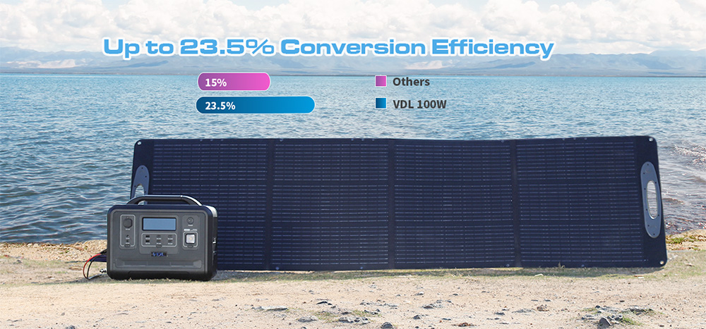 VDL POWER 200W skladací prenosný solárny panel, 20V monokryštalický článok, nastaviteľný stojan, 23.Účinnosť premeny 5%, vodotesnosť IP67, rozhranie MC-4