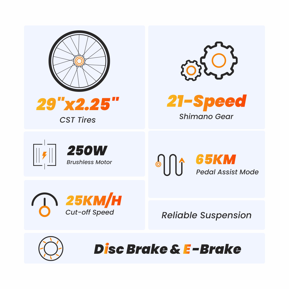 Touroll U1 29-palcový elektrický MTB bicykel s terénnymi pneumatikami, 250W motor, 36V 13Ah vymeniteľná batéria, max. dojazd 65 km, 21-stupňová prevodovka Shimano 21-stupňová kotúčová brzda Shimano IPX4 vodotesný - čierny