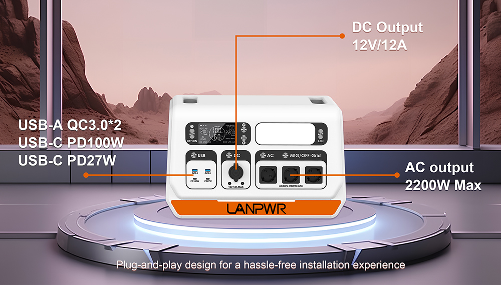 LANPWR 2200PRO 2200W Portable Power Station + 4x 180W Solar Panels, Balcony Solar System, 6000 Cycles, with On-grid Inverter, 12V/12A DC Output
