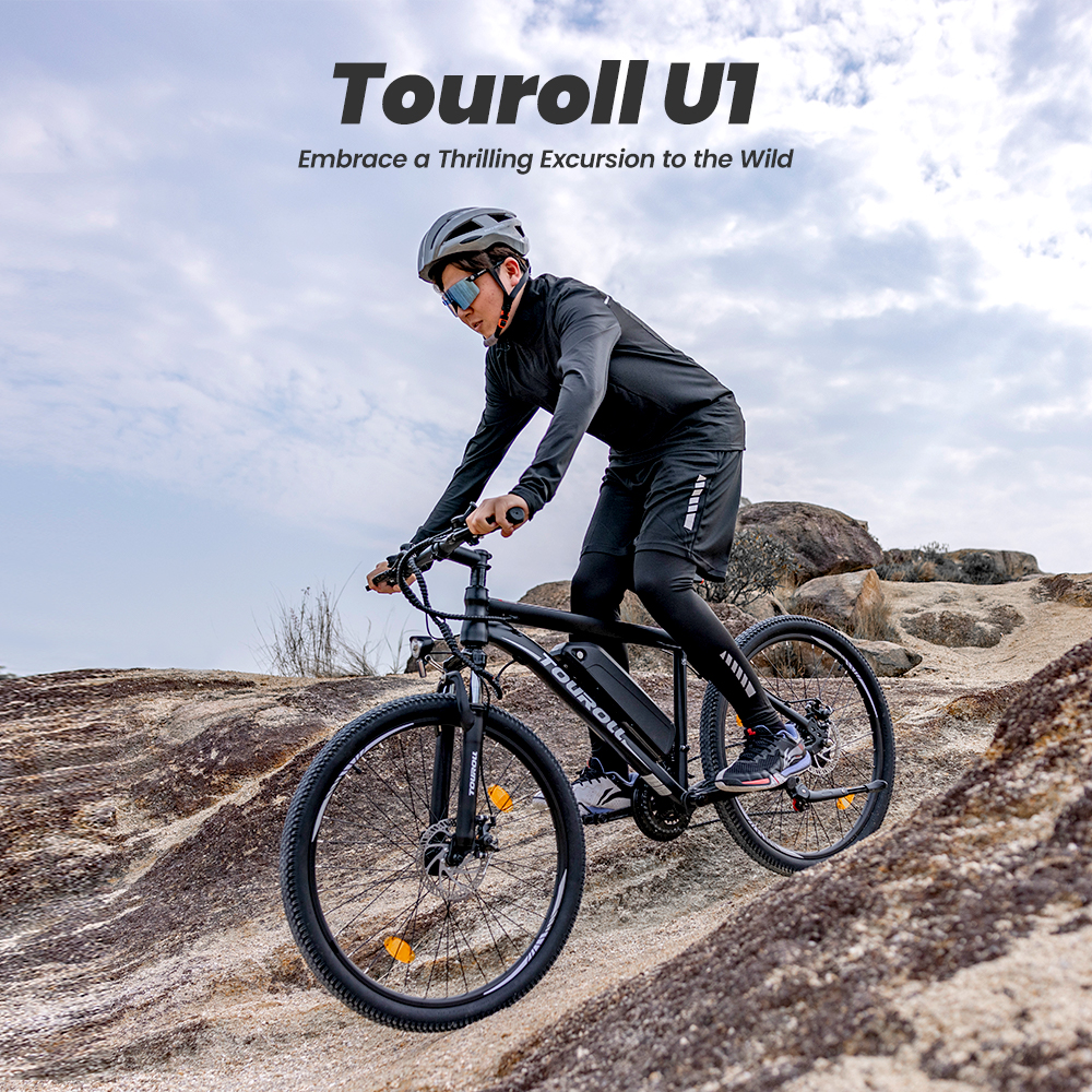 Touroll U1 29-palcový elektrický MTB bicykel s terénnymi pneumatikami, 250W motor, 36V 13Ah vymeniteľná batéria, max. dojazd 65 km, 21-rýchlostné prevody Shimano 21-rýchlostné kotúčové brzdy Shimano IPX4 vodotesné - čierny