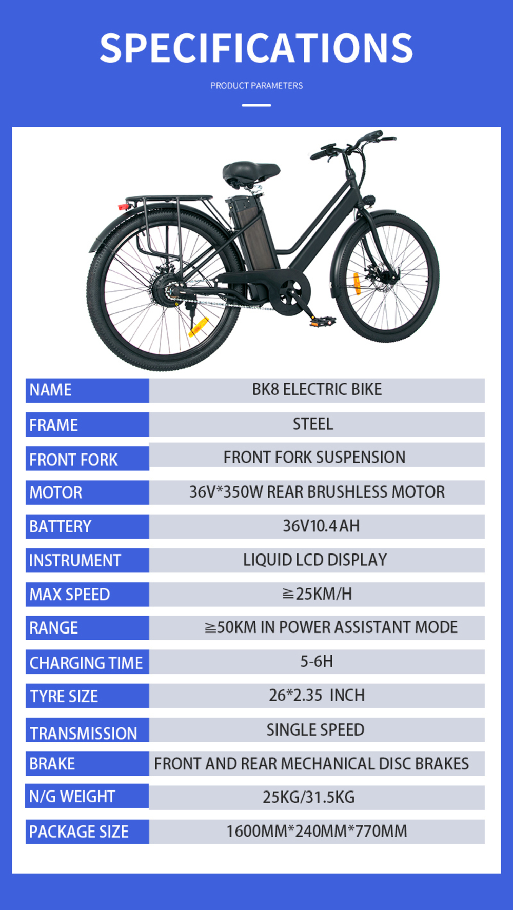 ONESPORT BK8 26 inch Elektrobicykel 36V 10,4Ah batéria 350W motor 25km/h 50KM max. dojazd 120KG max. zaťaženie kotúčové brzdy - čierny