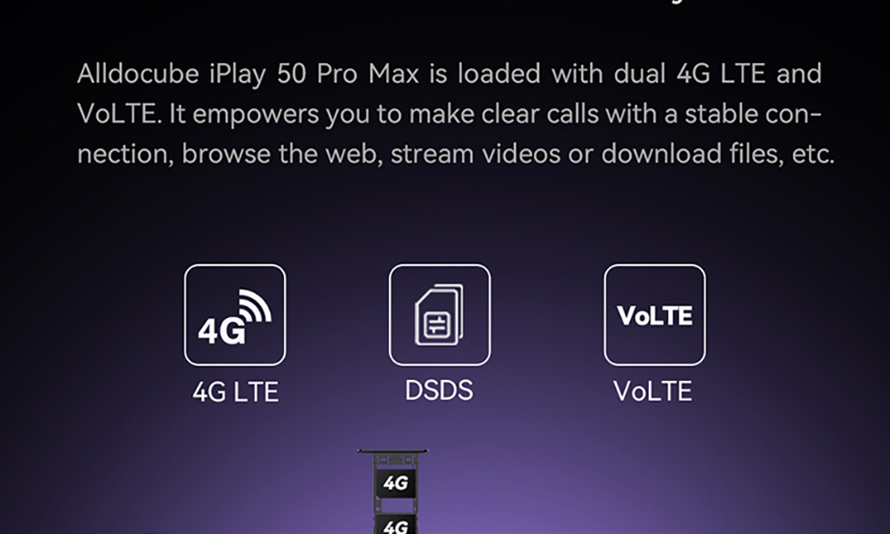 ALLDOCUBE iPlay 50 Pro Max 4G Tablet, 10,4-palcová obrazovka IPS 2000*1200, Helio G99 8 Core Max 2,0GHz, Android 13, 8GB RAM 256GB ROM, 5MP+8MP fotoaparát, 2.4/5GHz WiFi Bluetooth 5.2, Dual SIM Card Slot, GPS/Galileo/GLONASS/Beidou, 6000mAh batéria