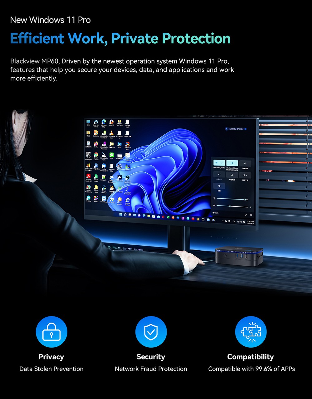 Blackview MP60 Mini PC, Intel N95 4 jadrá až 3.4GHz, 16GB RAM 512GB SSD, 2*HDMI 4K 60Hz Dual Screen Display, 2,4/5GHz Dual-band WiFi Bluetooth 4.2, 2*USB 3.0 2*USB 2.0 1*1000Mbps LAN 1*Audio Jack