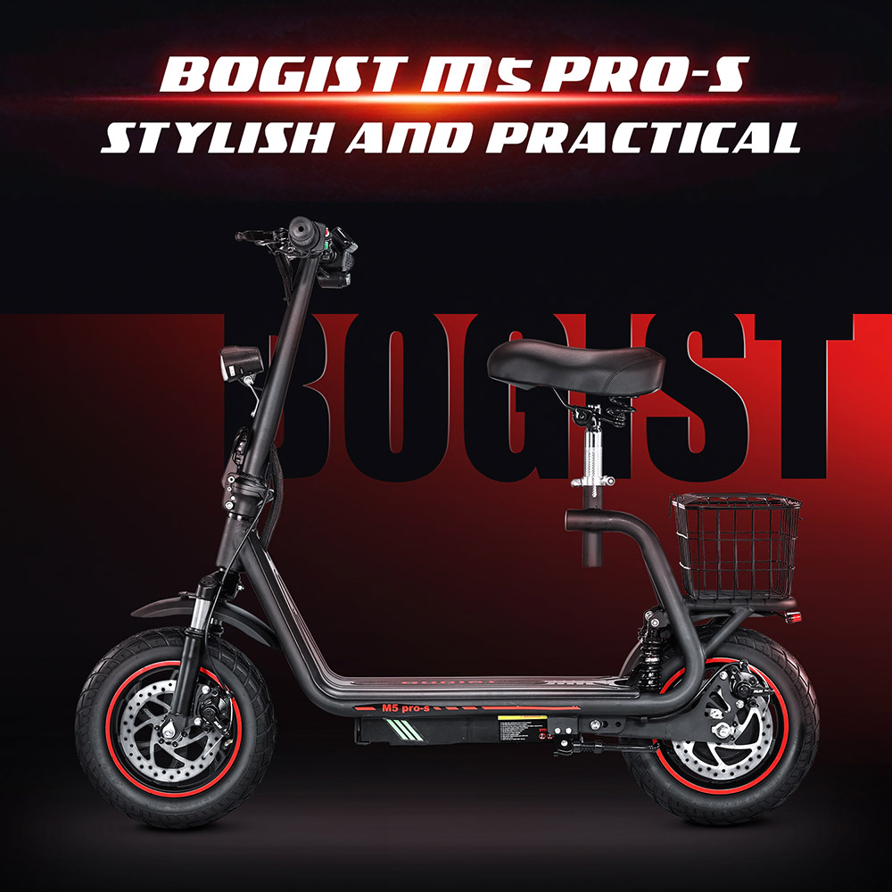 Elektrická kolobežka Bogist M5 Pro-S so sedadlom, 500W motor, 12-palcová pneumatická pneumatika, 48V 13Ah batéria, max. rýchlosť 48 km/h, max. dojazd 35 km, kotúčová brzda