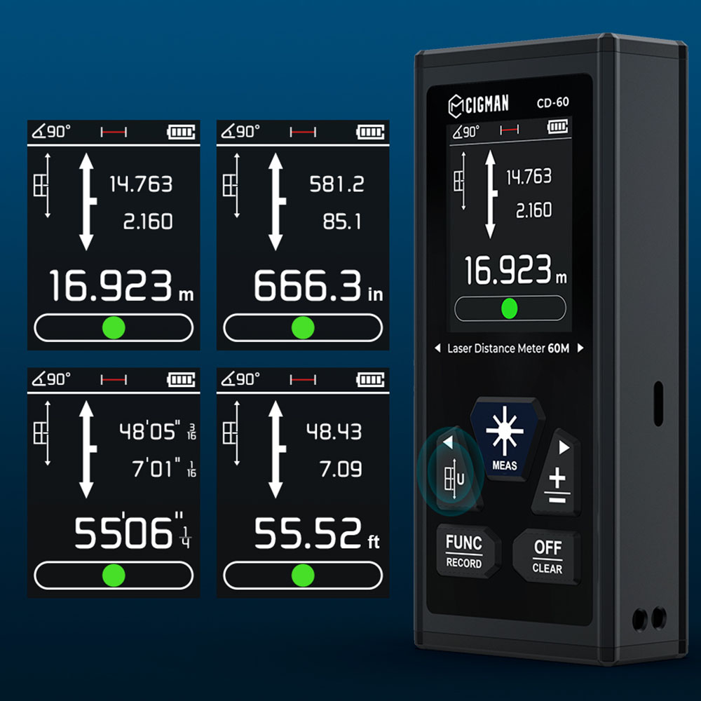 CIGMAN CD-60 Bilaterálny laserový merač vzdialenosti, 393ft/120M Bilaterálne meranie, s viacnásobnými jednotkami M/in/Ft