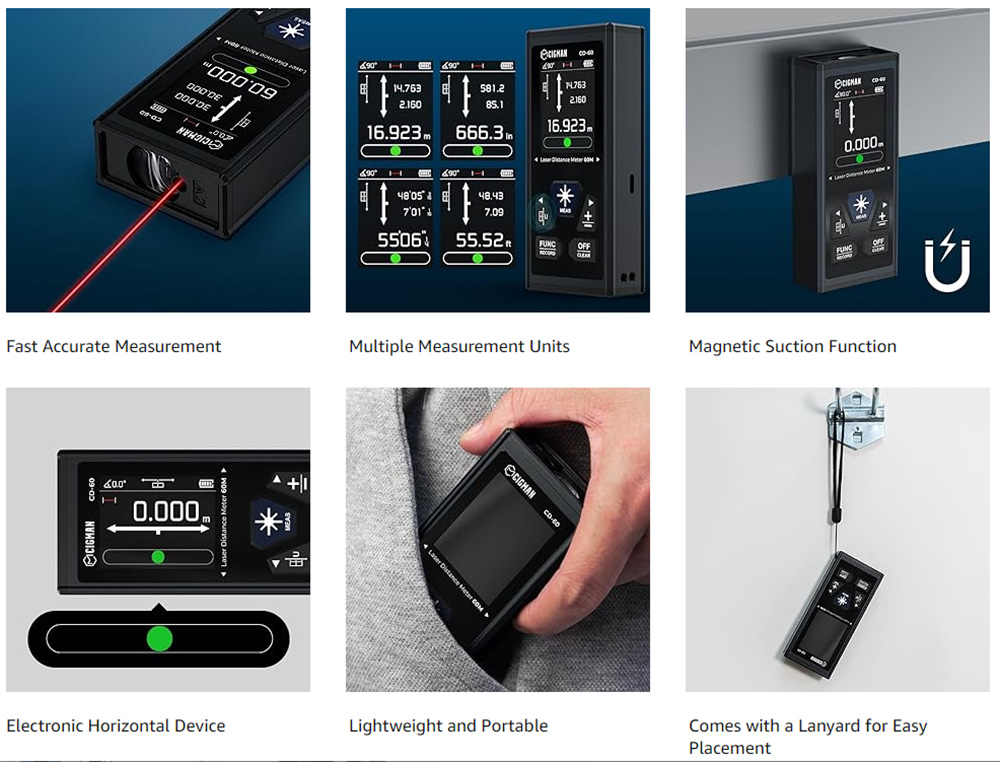 CIGMAN CD-60 Bilaterálny laserový merač vzdialenosti, 393ft/120M Bilaterálne meranie, s viacnásobnými jednotkami M/in/Ft